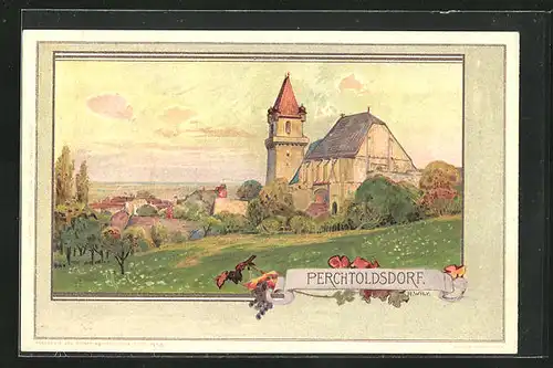 Lithographie Perchtoldsdorf, Kirche auf den Hang über den Ort