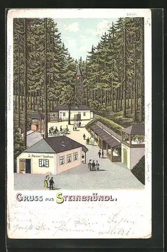 Lithographie Krummnussbaum, J. Renner`s Gasthaus, Steinbründl