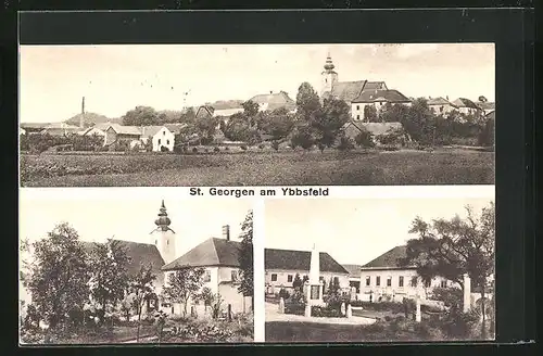AK St. Georgen a. Ybbsfeld, Gesamtansicht, Kirche & Kriegerdenkmal