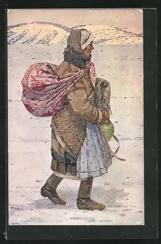 Künstler-AK Frau in slowakischer Tracht im Winter