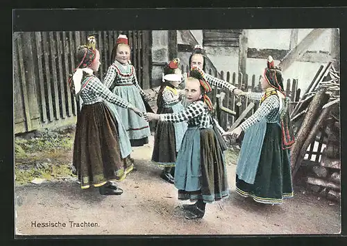 AK Hessische Trachten, Mädchen tanzen Ringelreihen