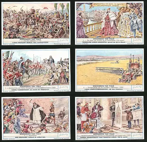 6 Sammelbilder Liebig, Serie Nr. 1701: Geschiedenis van Italie, Michlangelo, Paus Paulus III., Savorarola