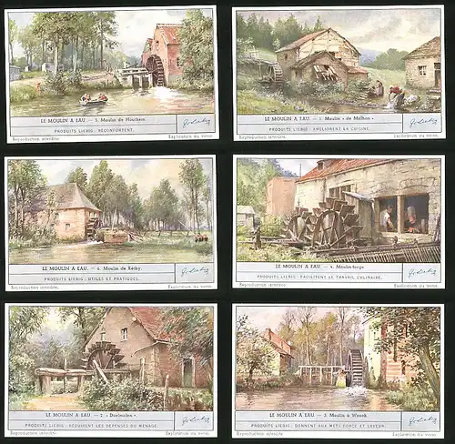 6 Sammelbilder Liebig, Serie Nr. 1460: Le Moulin a Eau, Moulin á Wonck, Daelmolen, Moulin-Forge, Moulin de Réthy