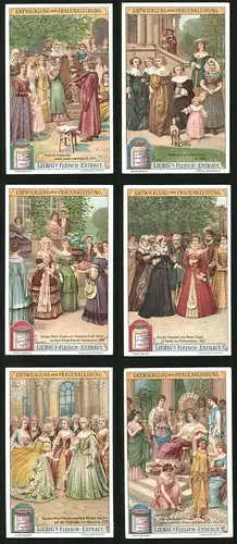 6 Sammelbilder Liebig, Serie Nr. 886: Entwicklung der Frauenkleidung, Kaiserin Maria Theresia, Kaiser Titus, Sklavinnen