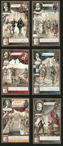 6 Sammelbilder Liebig, Serie Nr. 871: Berühmte Tragödien, Nora, Athalie, Wallensteins Tod, König Lear, Philipp II.