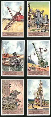 6 Sammelbilder Liebig, Serie Nr. 1379: Gros Outillage de l`entrepreneur Moderne, Kran, Bohrer, Bagger