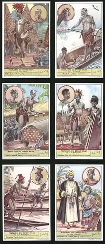 6 Sammelbilder Liebig, Serie Nr. 1626c: Peuplades du Congo Belge, Les Arabisés, Les Wasongola, Les Bangelima
