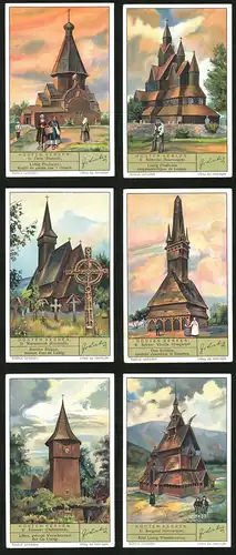 6 Sammelbilder Liebig, Serie Nr. 1331: Houten Kerken, Deutschland, Norwegen, Kirche, Ungarn, Rumänien