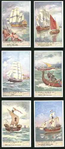 6 Sammelbilder Liebig, Serie Nr. 1582: Les Bateaux a Travers les Ages, Segelschiff, Wikinger, La Caravelle