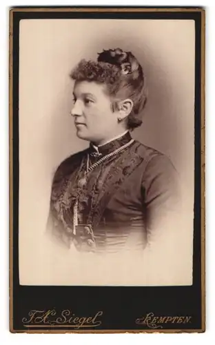 Fotografie F. X. Siegel, Kempten, Kotterner Strasse, Portrait bürgerliche Dame mit Hochsteckfrisur