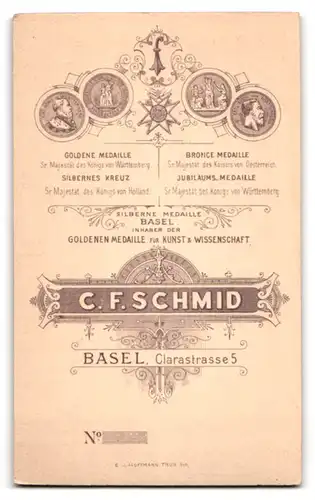 Fotografie C. F. Schmid, Basel, Clarastrasse 5, Dame mit Hochsteckfrisur im Profil