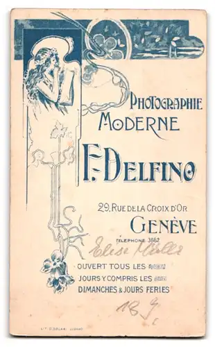 Fotografie F. Delfino, Genève, 29 Rue de la Croix d`Or, junges Fräulein im Portrait