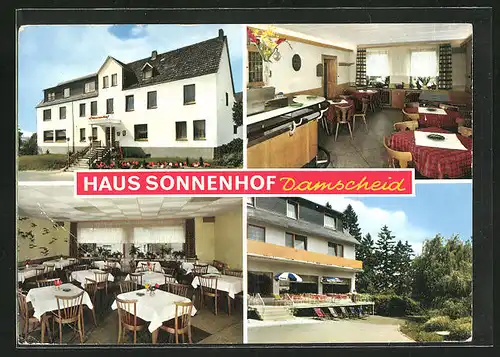 AK Damscheid, Haus Sonnenhof, Blick in den Gastraum und Terasse