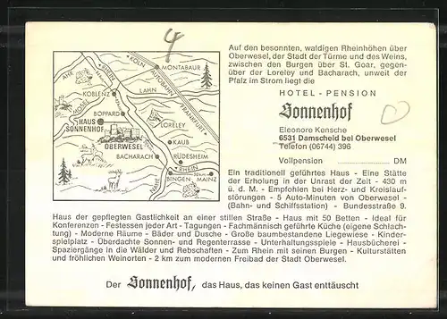 AK Damscheid, Haus Sonnenhof, Blick in den Gastraum und Terasse