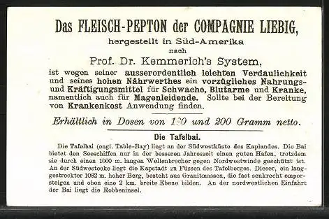 Sammelbild Liebig, Liebig`s Fleisch-Extract, Meerbusen, Tafelbai mit dem Tafelberg