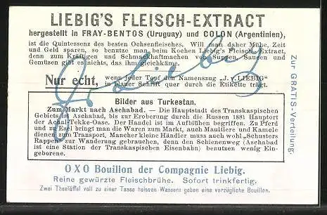 Sammelbild Liebig, Liebig`s Fleisch-Extract, Turkestan, Händler zum Markt nach Askabad reisend