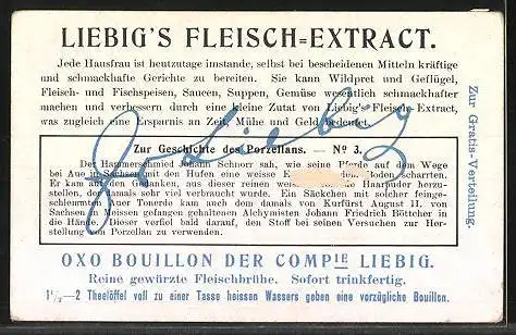 Sammelbild Liebig, Zur Geschichte des Porzellans, Johann Friedrich Böttcher findet die richtige Porzellananfertigung