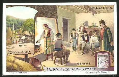 Sammelbild Liebig, Liebig`s Fleisch-Extract, Seltsi, Dreschtennen, Feierabend