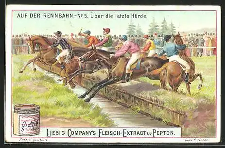 Sammelbild Liebig, Liebig Company`s Fleisch-Extract u.- Pepton, Auf der Rennbahn, Über die letzte Hürde