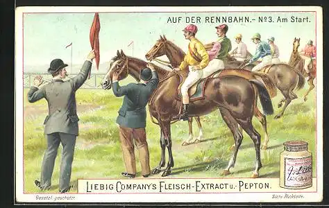 Sammelbild Liebig, Liebig Company`s Fleisch-Extract u.- Pepton, Auf der Rennbahn, Pferde am Start