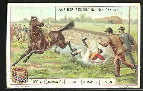 Sammelbild Liebig, Liebig Company`s Fleisch-Extract u.- Pepton, Auf der Rennbahn, Jockey ist gestürzt