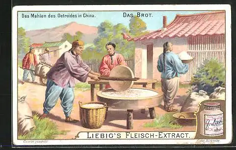 Sammelbild Liebig, Das Brot, Mahlen des Getreides in China