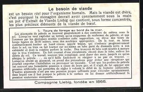 Sammelbild Liebig, La Production du Pétrole, Tours de forage au bord de la mer