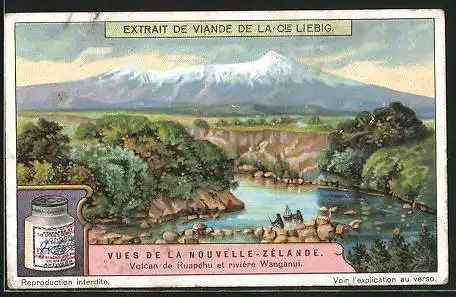 Sammelbild Liebig, Vues de la Nouvelle-Zélande, Volcan de Ruapéhu et rivière Wanganui