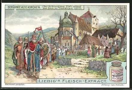 Sammelbild Liebig, Berühmte Alte Kirchen, Der Krönungszug Olaf`s verlässt den Dom zu Trondheim