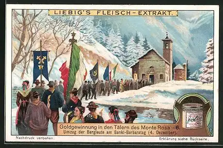 Sammelbild Liebig, Goldgewinnung in den Tälern des Monte Rosa, Umzug der Bergleute am Sankt-Barbaratag