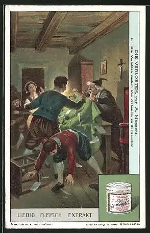 Sammelbild Liebig, Die Verlobten von A. Manzoni, 3. Die Verlobten suchen Don Abbondio zu überraschen