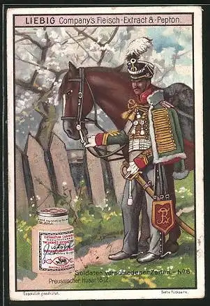 Sammelbild Liebig, Soldaten verschiedener Zeiten N°6, Preussischer Husar