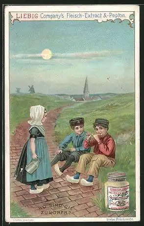 Sammelbild Liebig, Wo sind die Zuhörer, Junge mit Flöte bei Mondschein, Im Hintergrund Windmühle