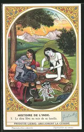 Sammelbild Liebig, Histoire de l`Inde, Le dieu Siva au sein de sa famille