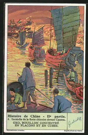 Sammelbild Liebig, Canton, Histoire de Chine, IIe partie, Incendie de la flotte chinoise devant Canton
