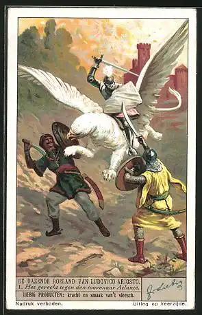 Sammelbild Liebig, De razende Roeland van Ludovico Ariosto, Het gevecht tegen den toovenaar Atlante