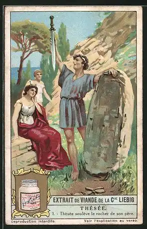Sammelbild Liebig, Extrait de Viande de la Cie Liebig, Thésée, Thésée soulève le rocher de son père