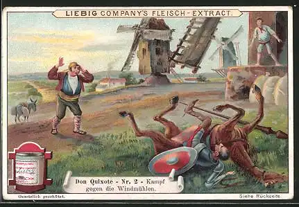 Sammelbild Liebig, Don Quixote, 2. Kampf gegen die Windmühlen