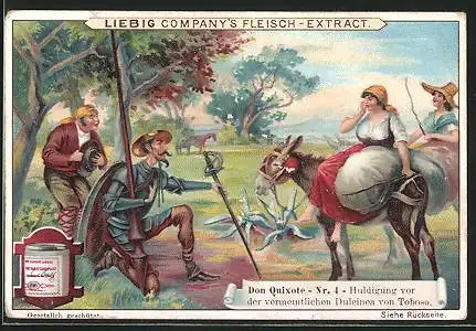 Sammelbild Liebig, Don Quixote, 4. Huldigung vor vermeintlichen Dulcinea von Toboso