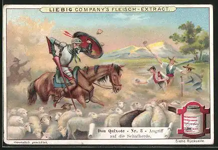 Sammelbild Liebig, Don Quixote, 3. Angriff auf Schafherde