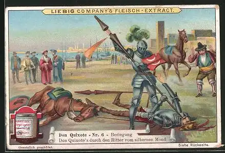 Sammelbild Liebig, Don Quixote, 6. Besiegung durch Ritter vom silbernen Mond
