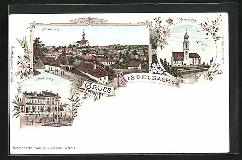 Lithographie Mistelbach, Teilansicht, Pfarrkirche, Marktplatz mit Denkmal