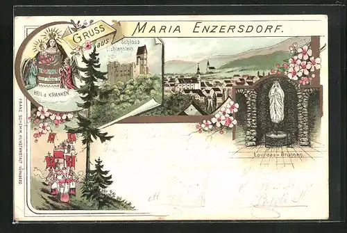 Lithographie Maria Enzersdorf, Schloss Lichtenstein, Lourdes-Brunnen, Heil der Kranken