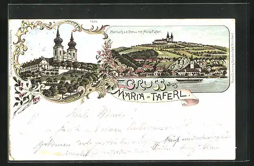 Lithographie Marbach a. d. Donau, Teilansicht mit Maria-Taferl, Kirche