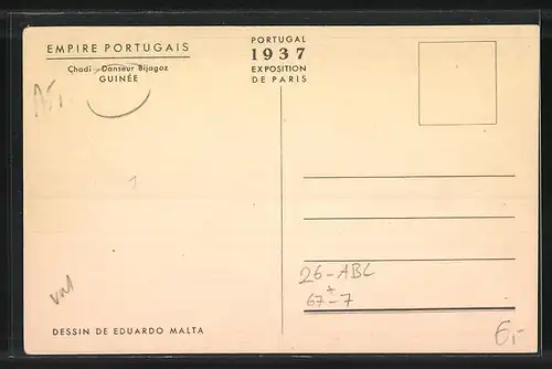 Künstler-AK sign. Eduardo Malta: Paris, Exposition internationale 1937, Guinée, Chadi Danseur Bijagoz