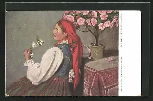 AK Polin in Tracht mit einer Blume in der Hand
