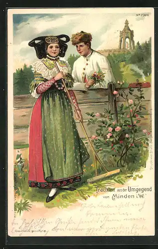 Lithographie Paar in Trachten aus der Umgegend von Minden i. W., Tracht Schaumburg-Lippe