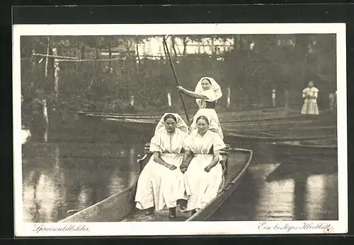 AK Spreewald, Ein lustiges Kleeblatt, Frauen in Tracht im Boot