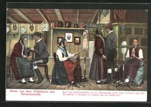AK Bilder aus dem Volksleben des Schwarzwalds, Spinnstube mit arbeitenden Frauen, Schwarzwälder Tracht