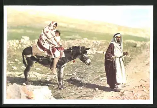 AK The escape to Egypt, Flucht einer arabischen Familie auf einem Esel nach Ägypten